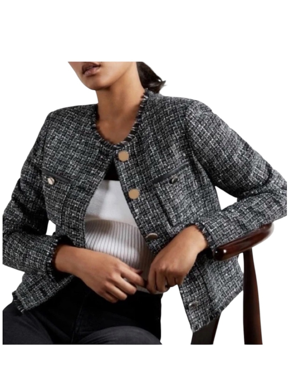 TED BAKER Boucle Tweed Jacket Klaudi Black Metallic Size 6 New w Tags